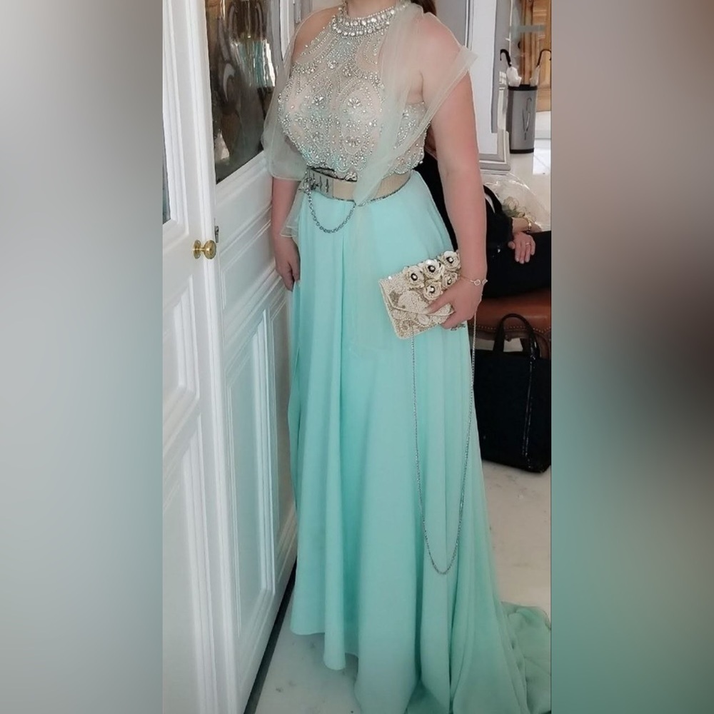 Terani Couture Blue Rhinestone Prom Dress Size 12 Backless - Picture 3 of 10